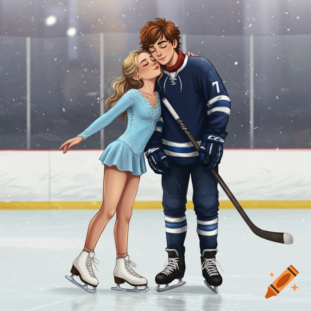 A figure skater and hockey player hug on an ice rink.