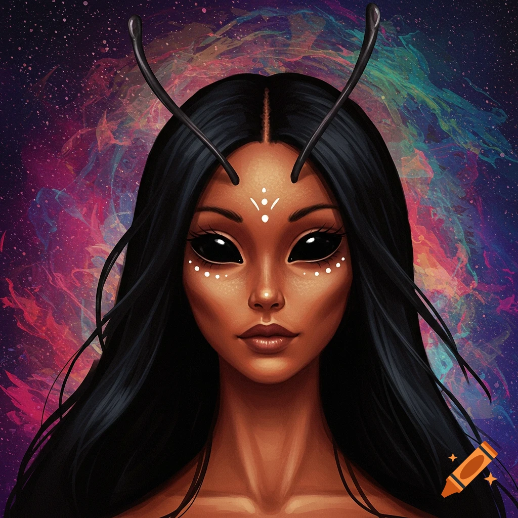 A female alien with black hair, large black eyes, antennas, and white dots on her face, against a cosmic background.