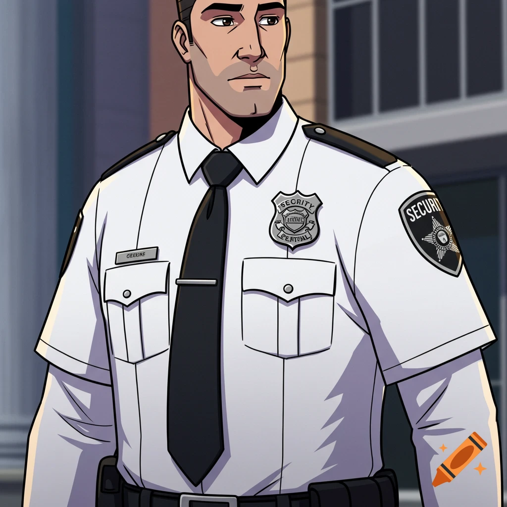 An animated security officer in a white uniform shirt and black tie.
