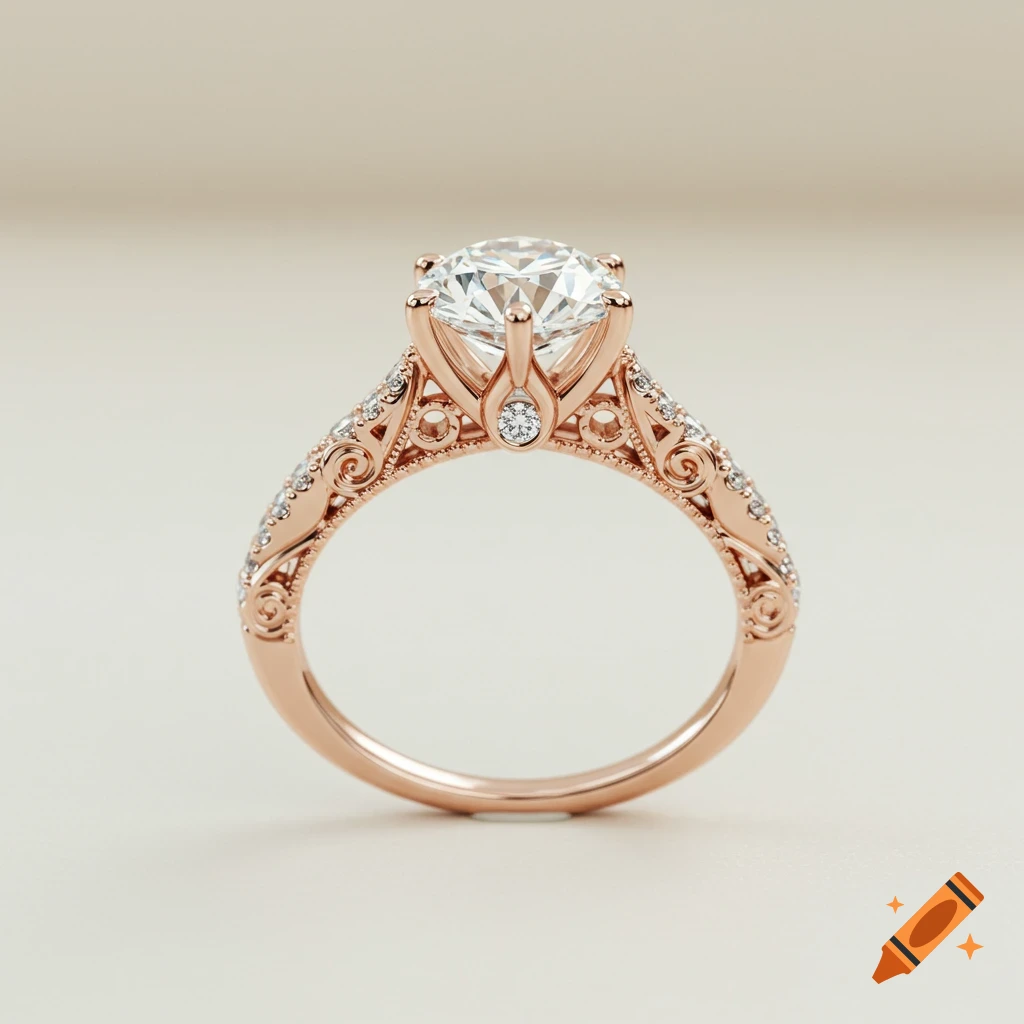Close-up of a rose gold diamond engagement ring with intricate detail on the band and setting.