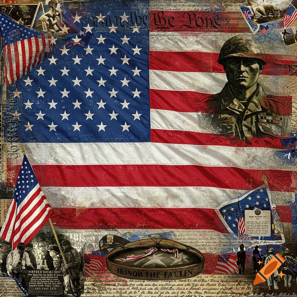 Collage featuring the American flag, a soldier bust, historical figures, and text "We the People" and "Honor the Fallen".