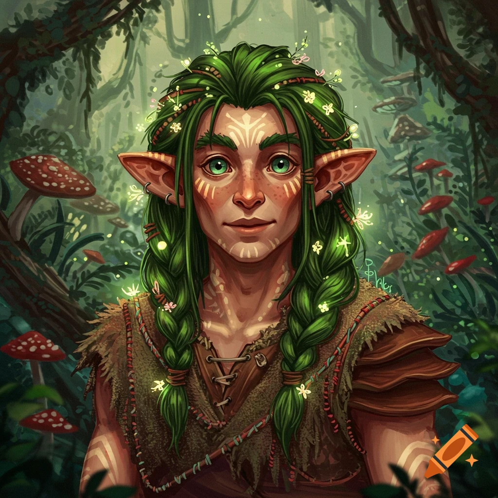 A fantasy character with green braided hair, pointed ears, and face paint is in a magical forest with mushrooms.