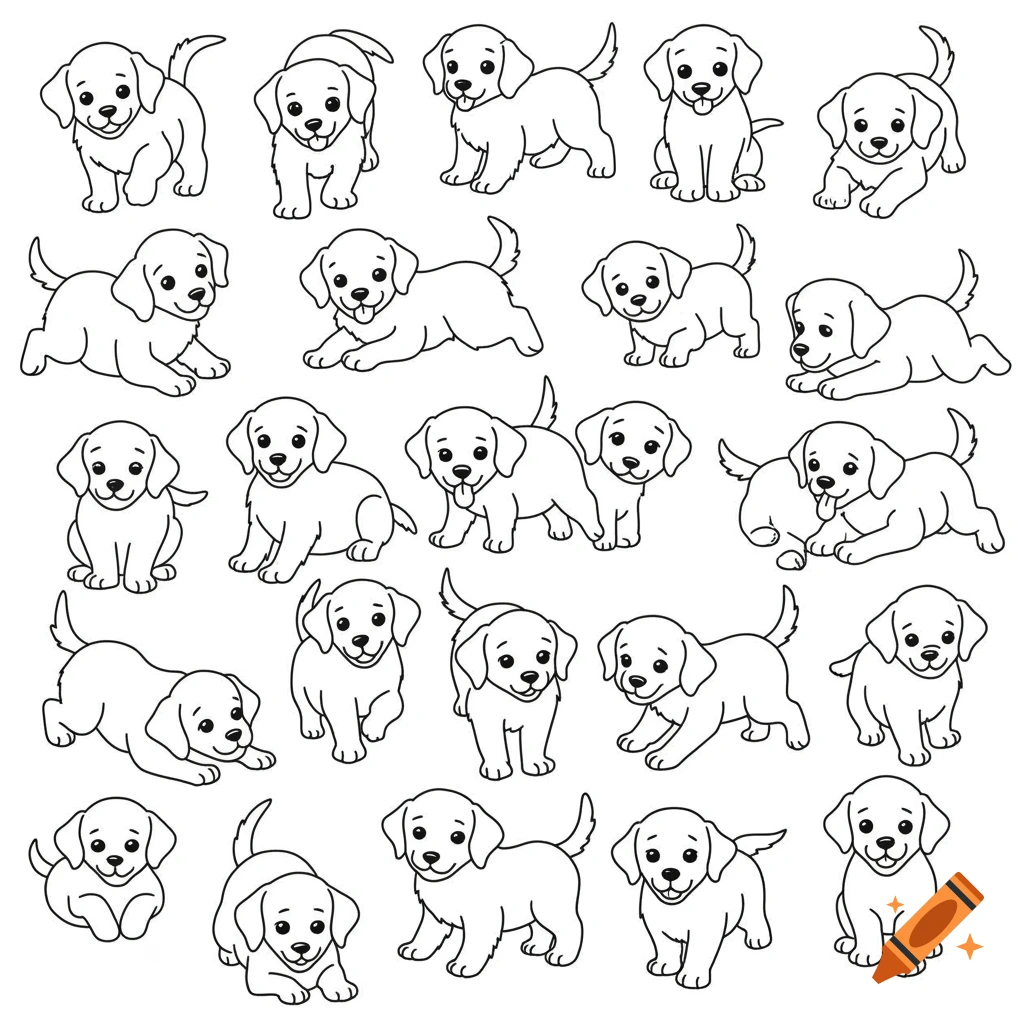 Line art drawing of many golden retriever puppies in various poses, suitable for a colouring page.