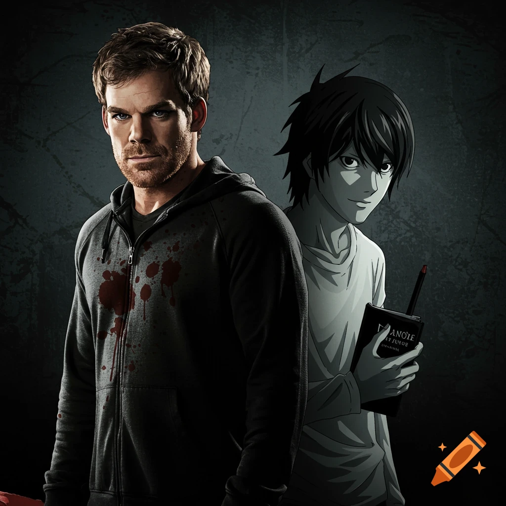 Crossover artwork featuring Dexter Morgan and Light Yagami with a blood-splattered hoodie