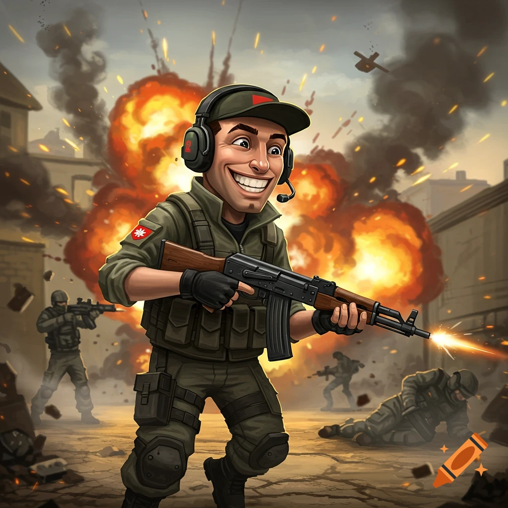Stylized image of a smiling soldier with a headset and rifle in a warzone with explosions.