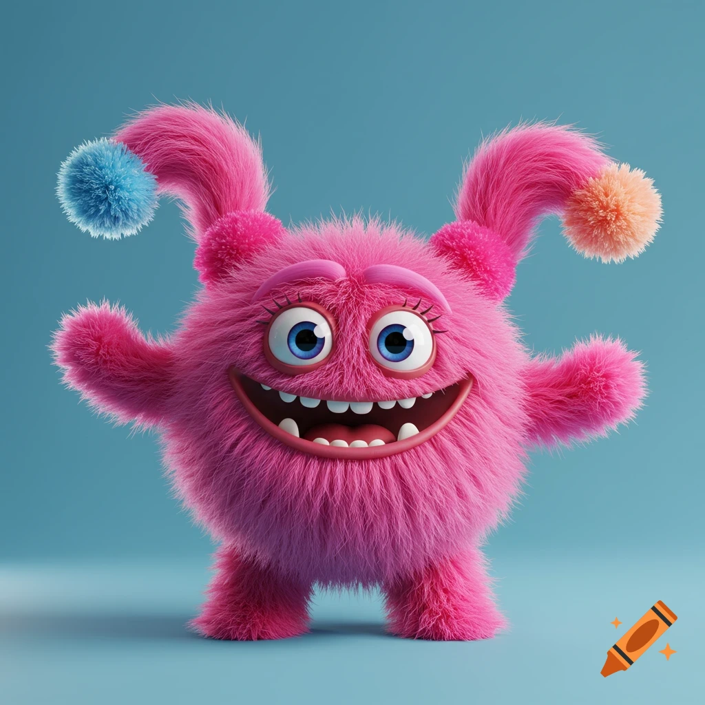 A pink fluffy monster with blue and orange pom-poms on its ears smiles widely
