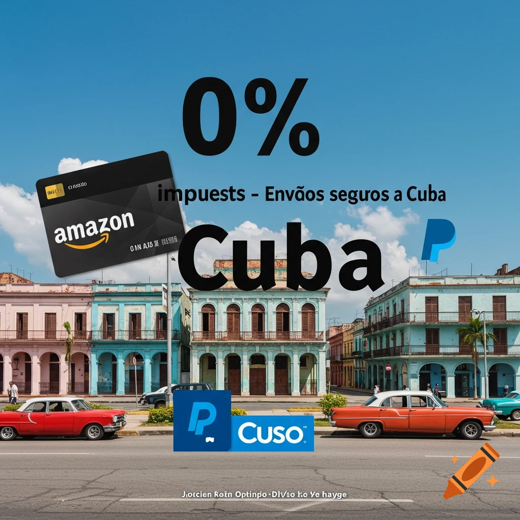 Street scene in Havana, Cuba with classic cars, colorful buildings, Amazon card, PayPal logo, and text overlay '0% impuestos - Envios seguros a Cuba'.
