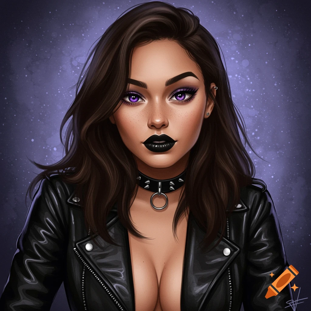 A woman with purple eyes, black lipstick, studded collar, and leather jacket