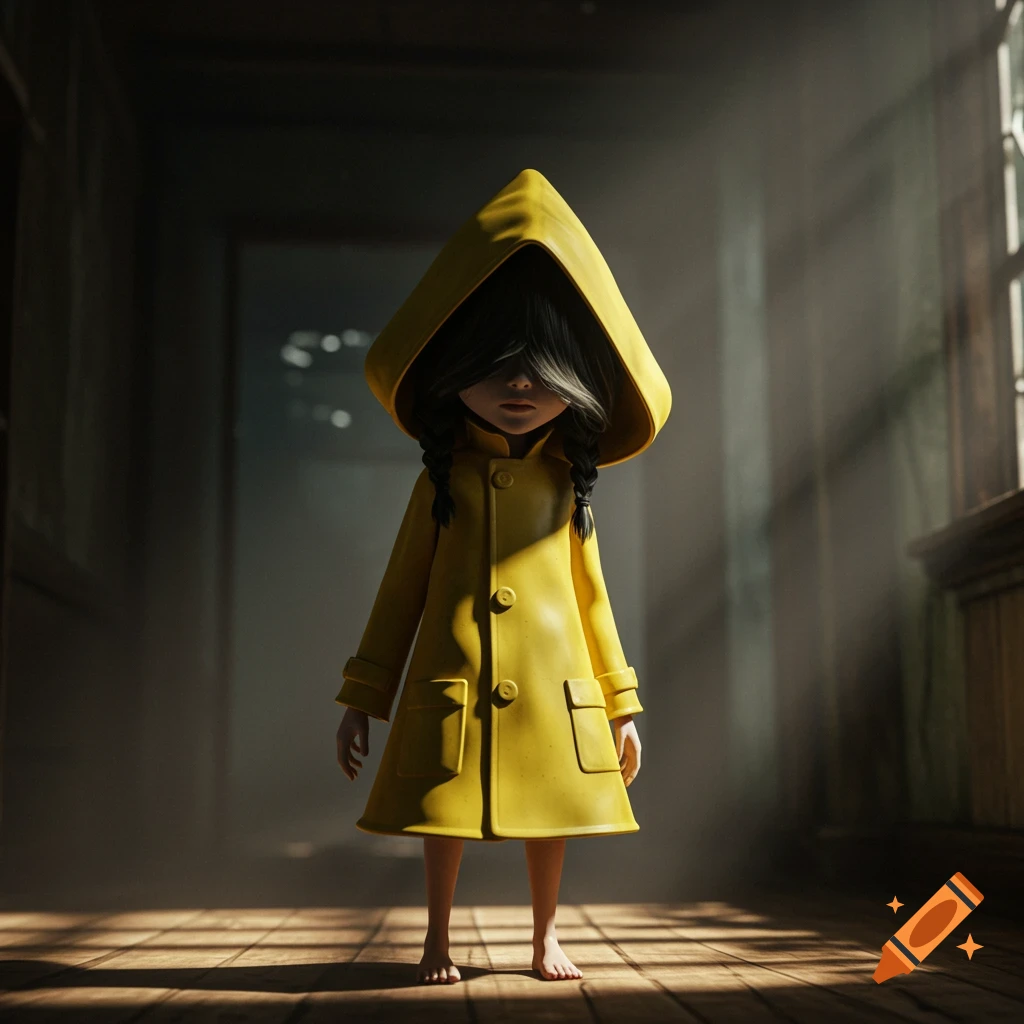 A small figure in a yellow raincoat stands in a dimly lit, decaying corridor with light rays.