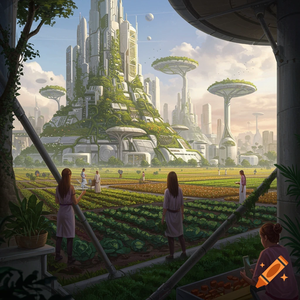Women farming in fields before a futuristic city integrated with nature.