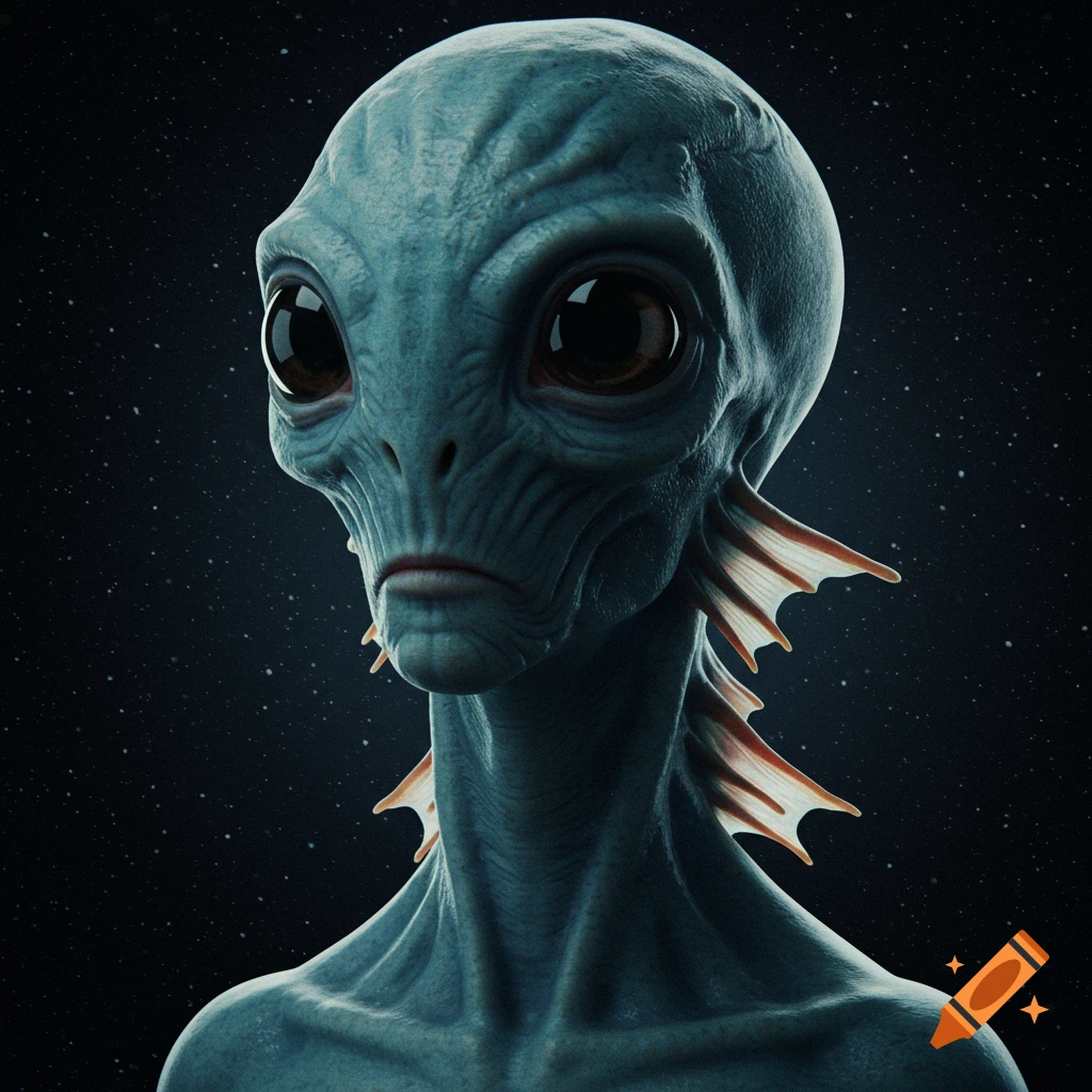Close-up portrait of a blue alien with large eyes and fish gills against a starry sky