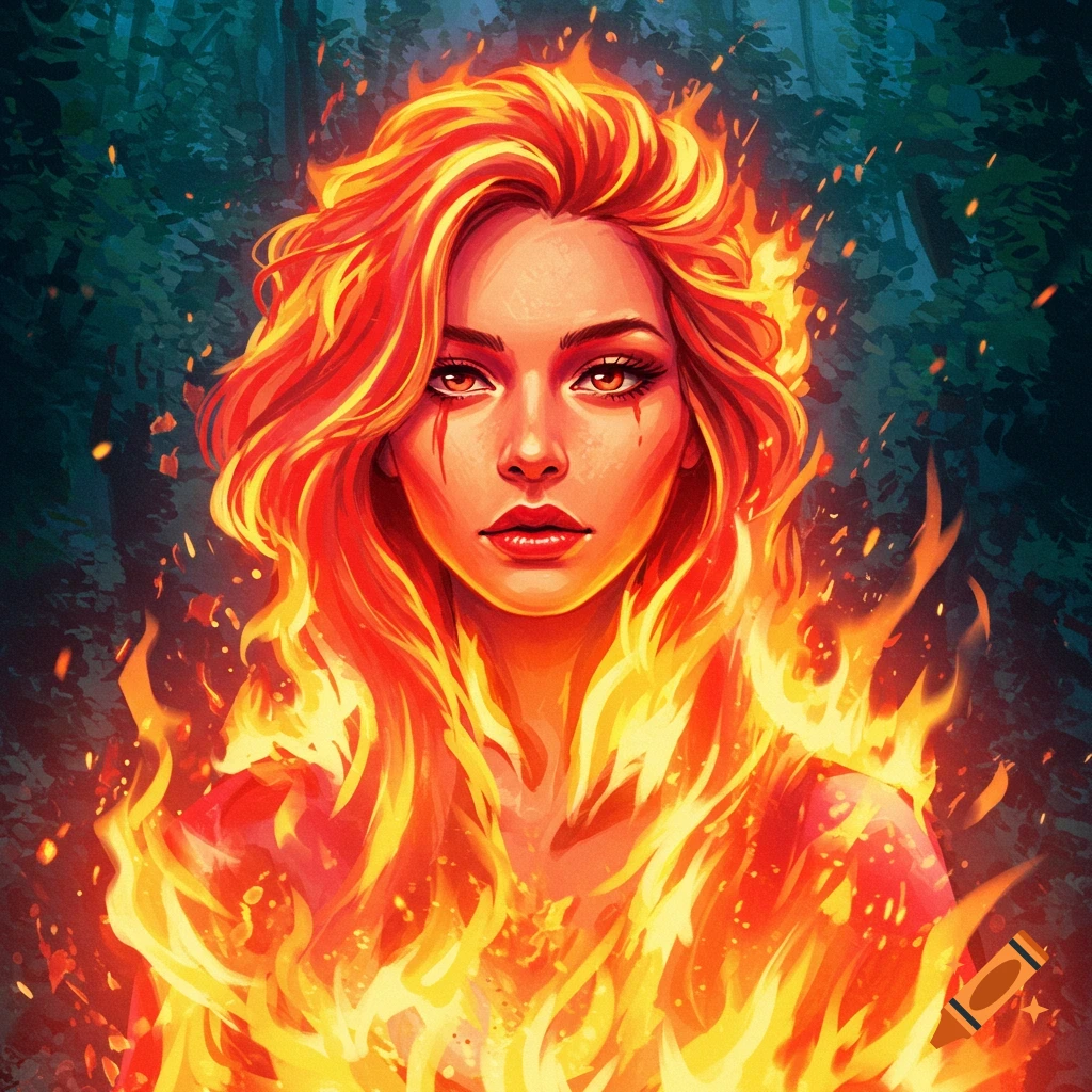 A woman with flaming hair and body against a dark forest background.
