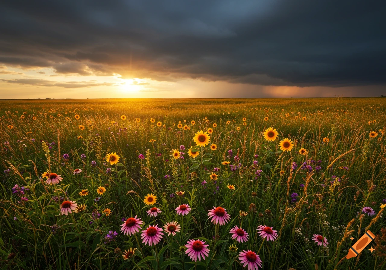 Prairie field with sunflowers and wildflowers under a dramatic sunset and storm clouds.