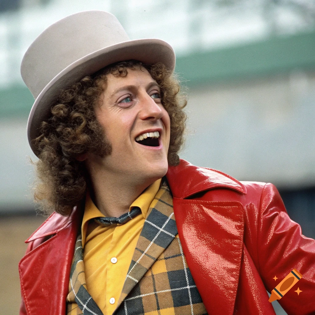 Man in top hat, curly hair, red jacket, and plaid vest smiling