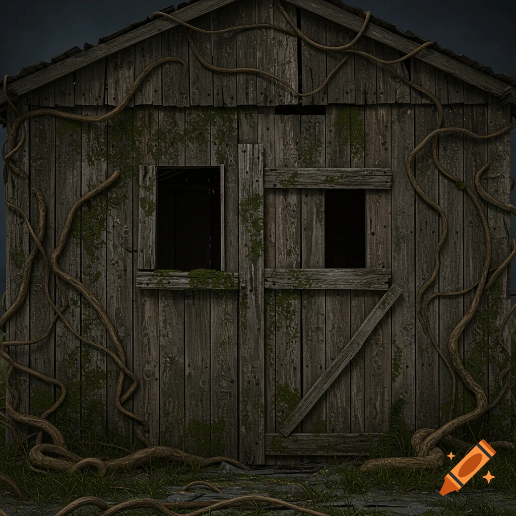 An old, dilapidated wooden shed covered in moss and thick vines.