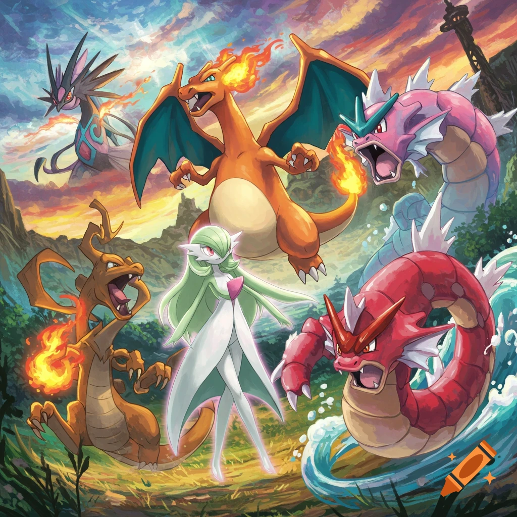 Pok
émon including Charizard, Gyarados, Gardevoir, and Hydreigon in a dynamic scene.