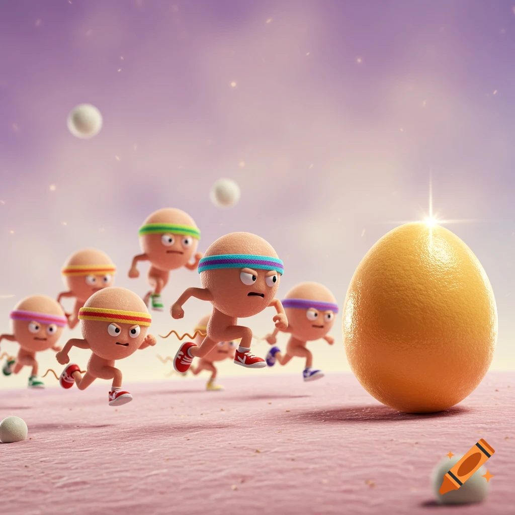 Cartoon sperm characters racing towards a large egg.