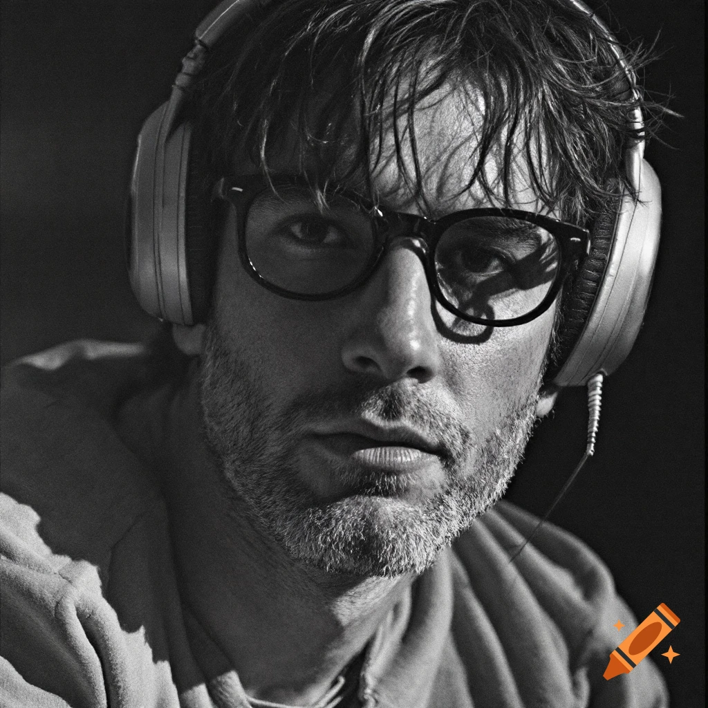 Black and white portrait of a man with headphones and glasses.