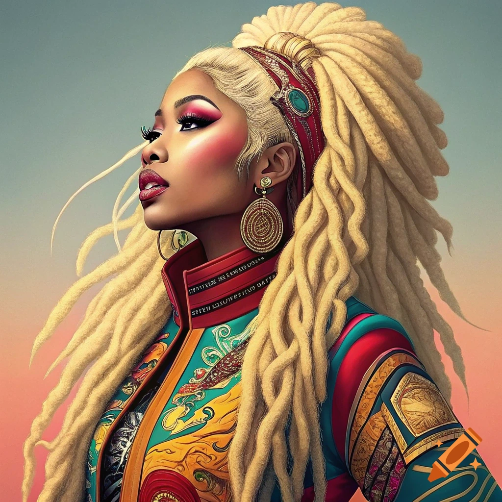 A stylized portrait of a woman with blonde dreadlocks and vibrant, detailed clothing looking left.