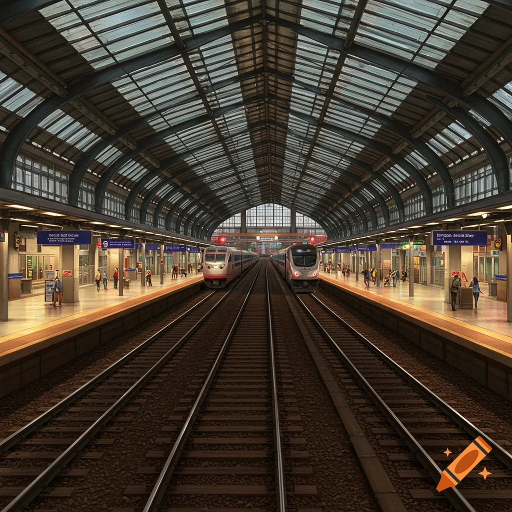 A large European-style train station with two trains on tracks, platforms, and a glass roof.