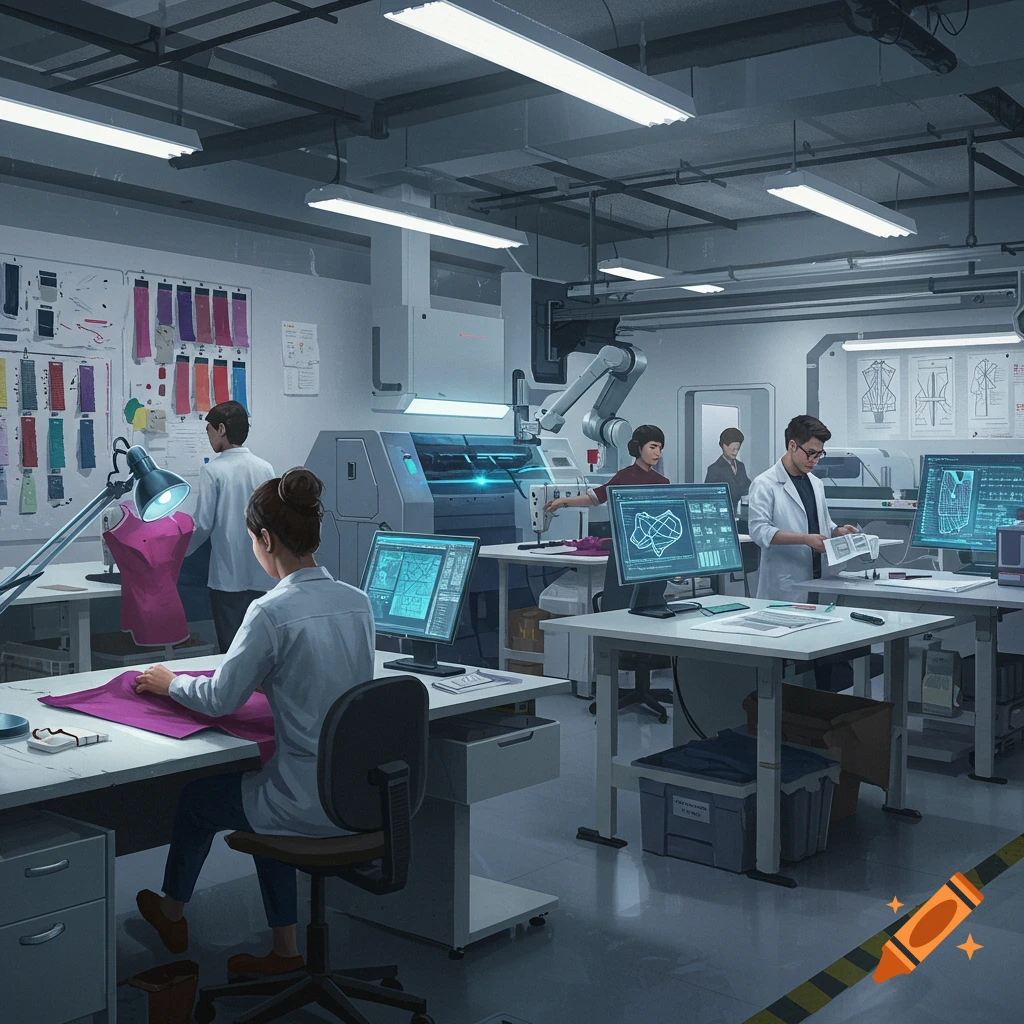 People working in a high-tech fashion design and textile studio with computers and machinery.