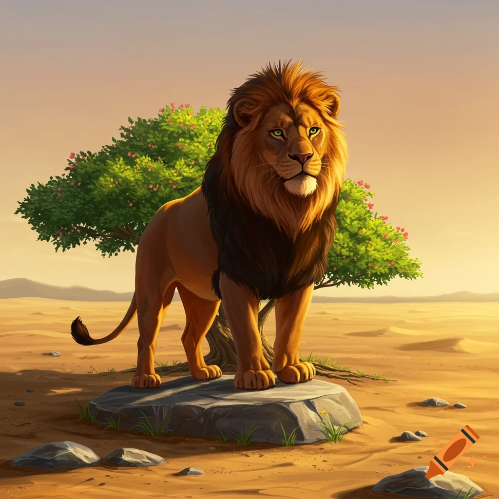 A majestic lion stands on a rock in a savanna landscape.