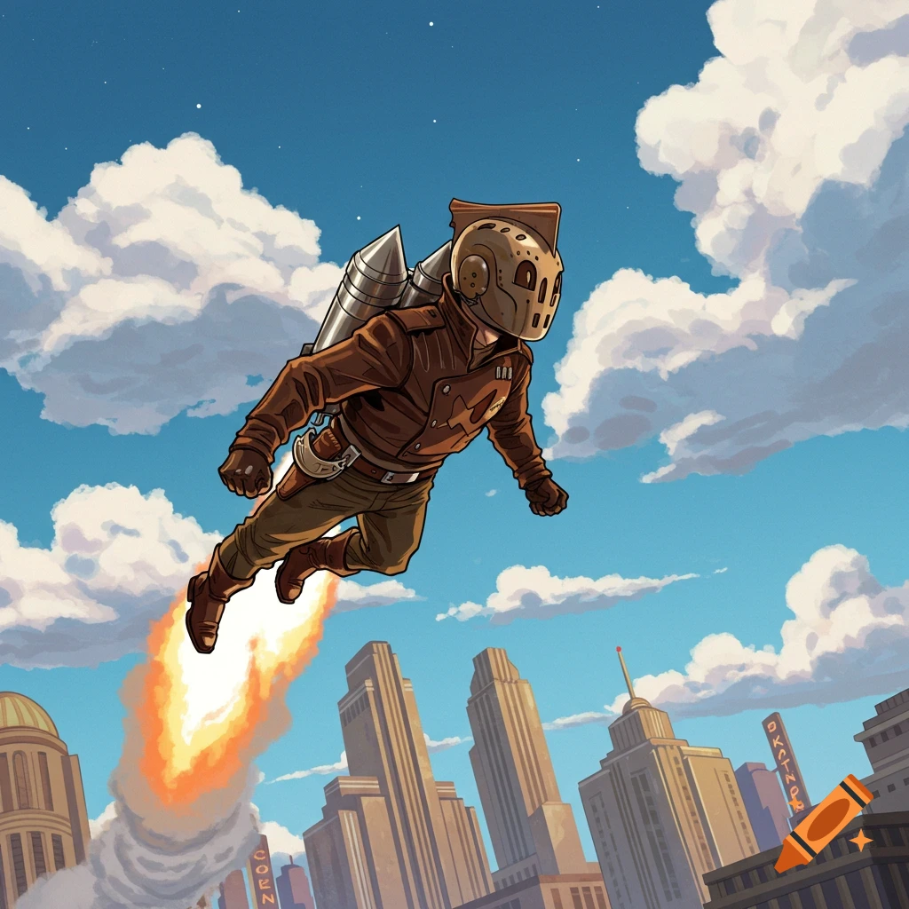 A person with a retro jetpack flies over a cityscape.