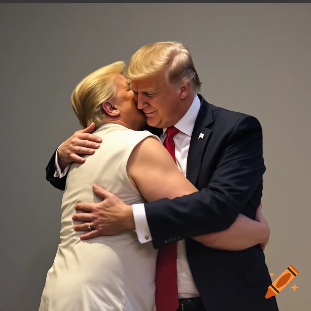 Photorealistic image of Donald Trump embracing another person.