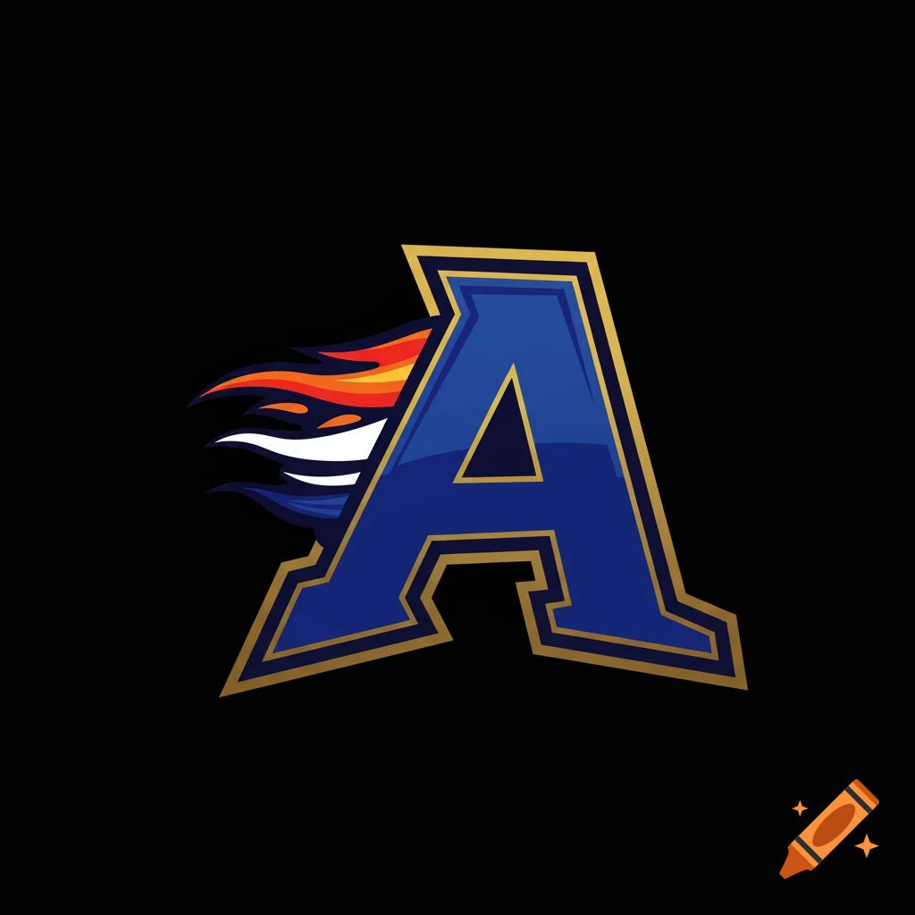 A bold blue letter A with gold trim and a trailing flame design in red, orange, and white, on a black background.