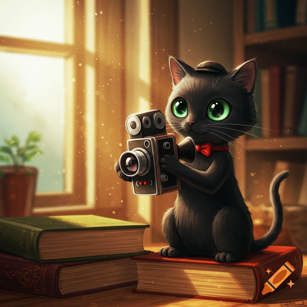 A cute black cat wearing a hat and bow tie sits on books, holding a vintage video camera.