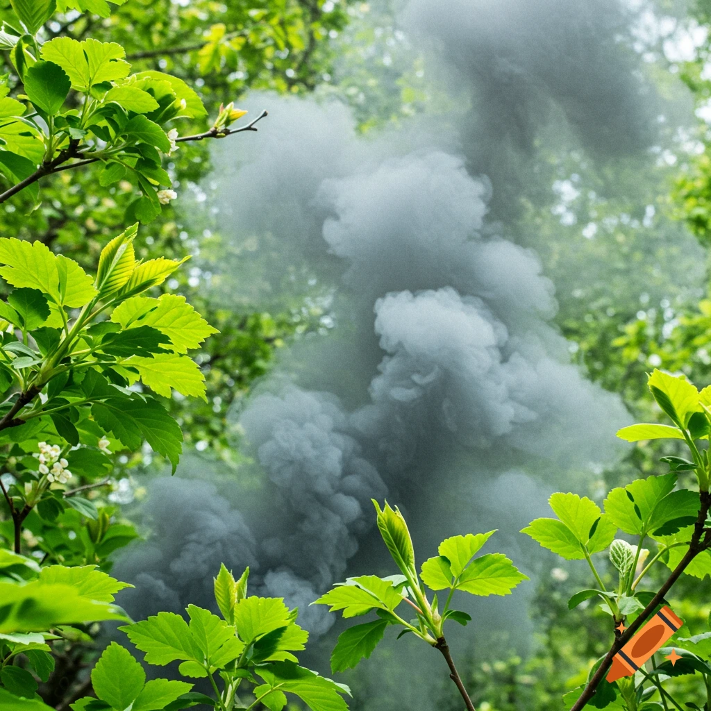 Dark grey smoke billows amongst bright green leaves and branches.
