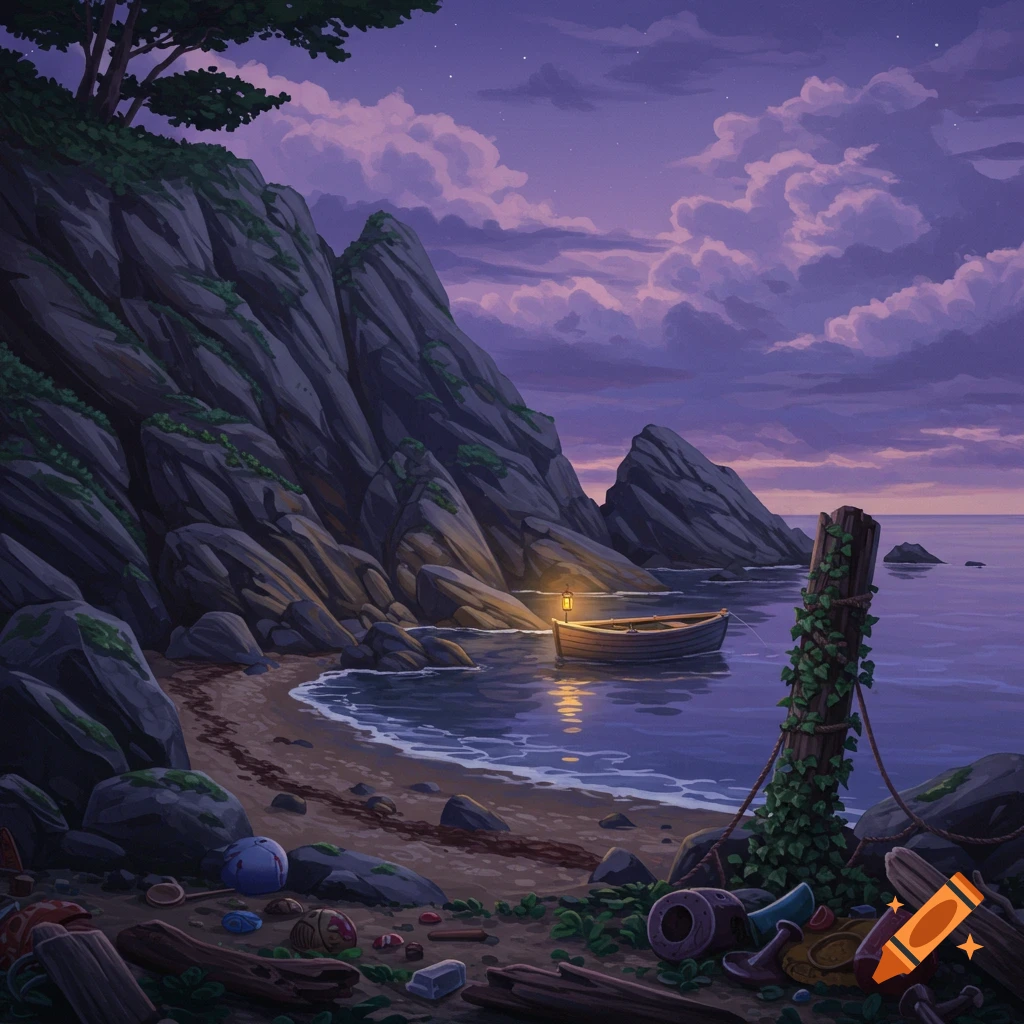 A boat with a lantern on a beach at dusk.