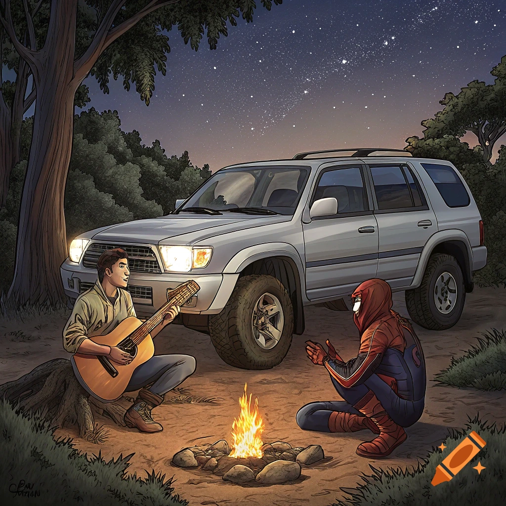 Spider-Man and a person playing guitar sit by a campfire next to a silver SUV under a starry night sky, illustration style.