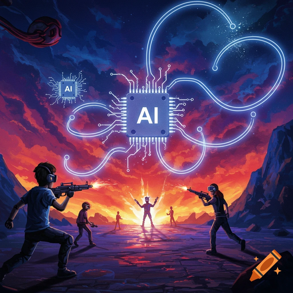 People playing a game with VR headsets under large glowing AI chips and connections