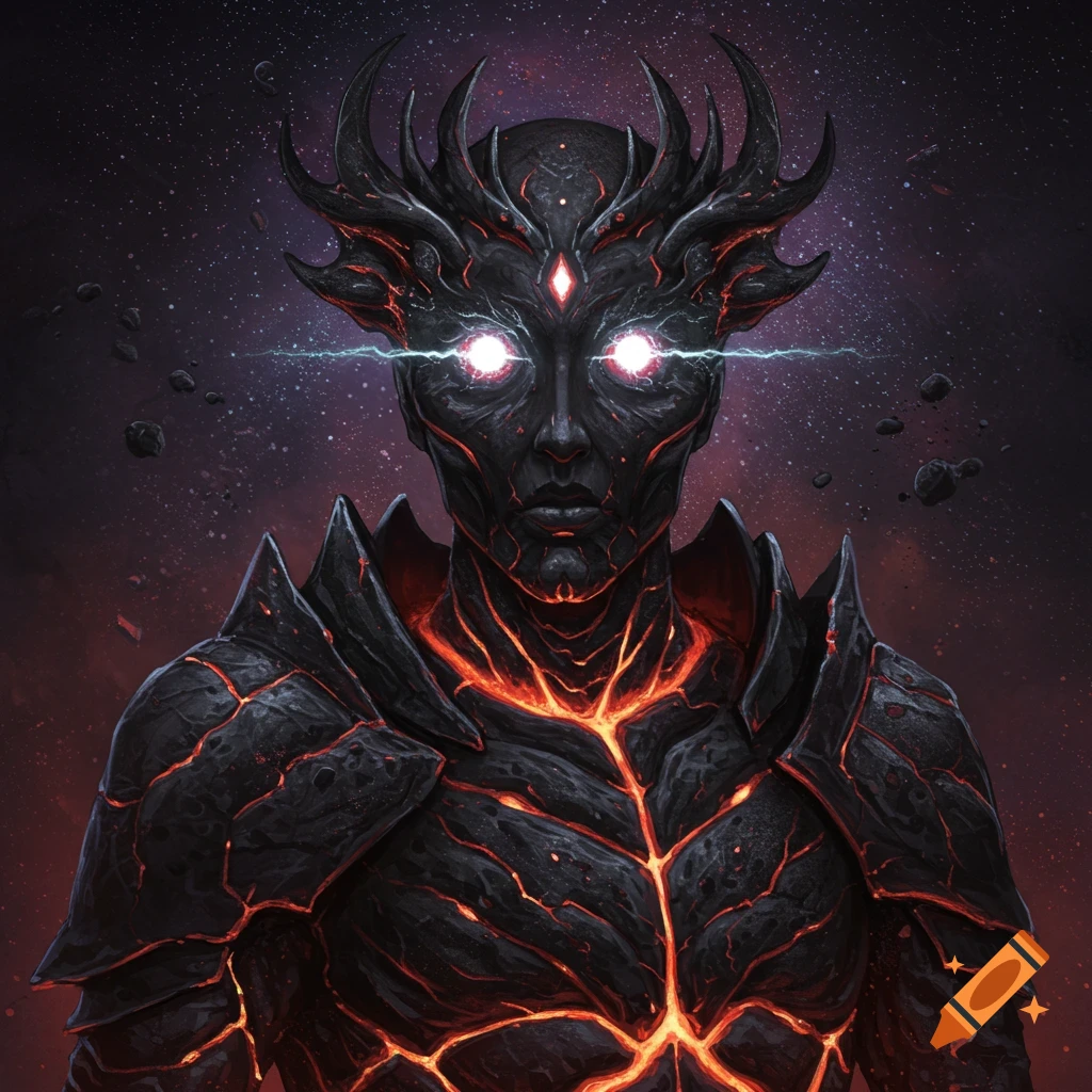 A dark, armored creature with glowing lava cracks, bright eyes, and horns in space.