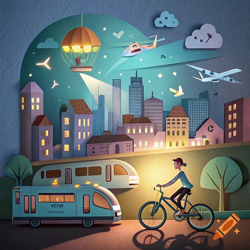 Papercut illustration of a city with a train, hot air balloon, airplanes, and a person on a bicycle.