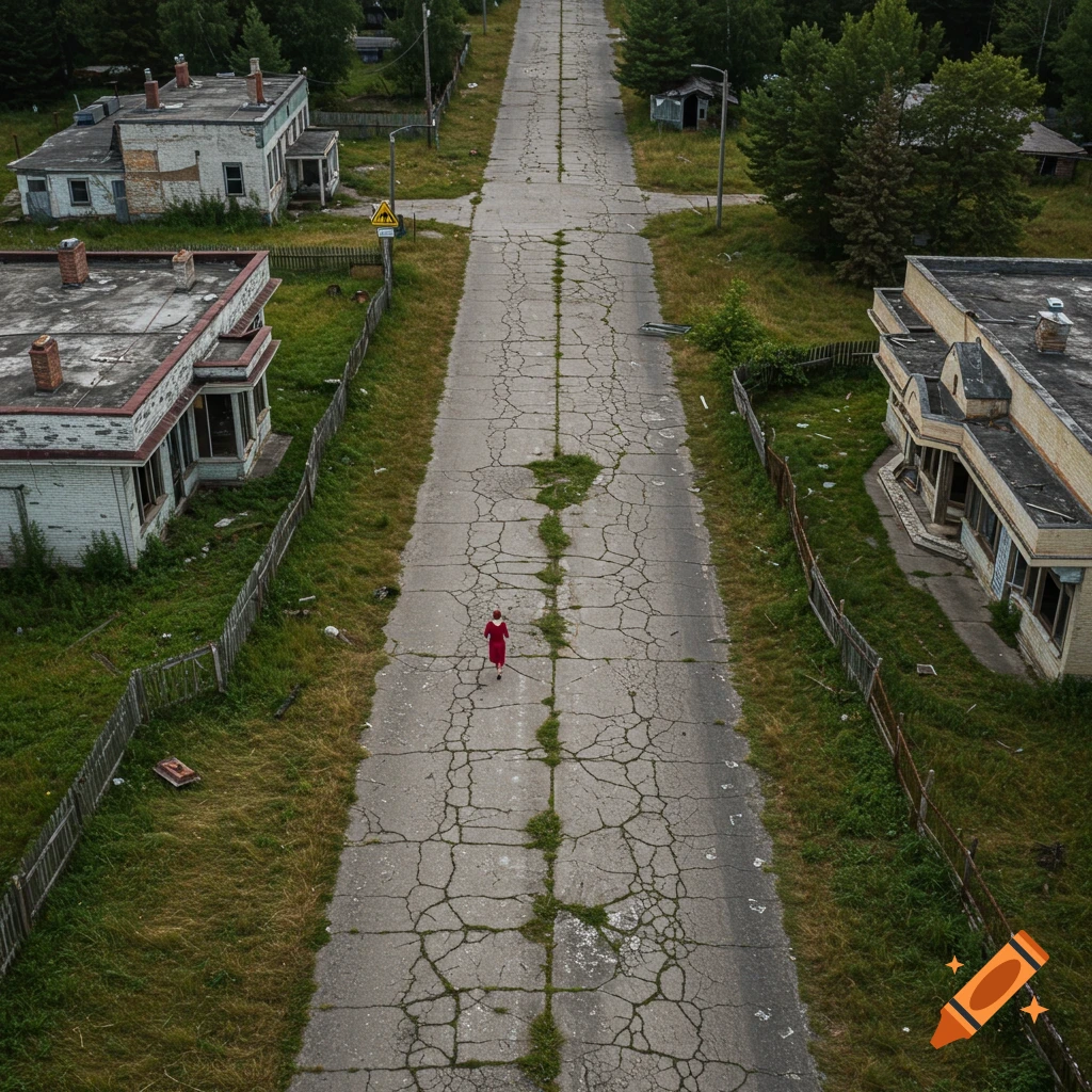 Aerial view of a woman in a red dress walking down a cracked road through an abandoned town with dilapidated buildings and overgrown grass.