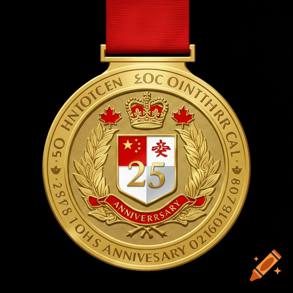 A detailed gold medal with a red ribbon. The medal features a crest with stars, a maple leaf, the number 25, and text reading "ANNIVERSARY".