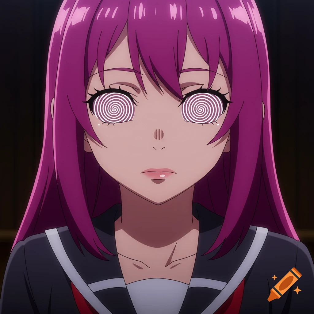 Close-up anime portrait of a girl with long purple hair and spiral hypnotized eyes, wearing a school uniform.