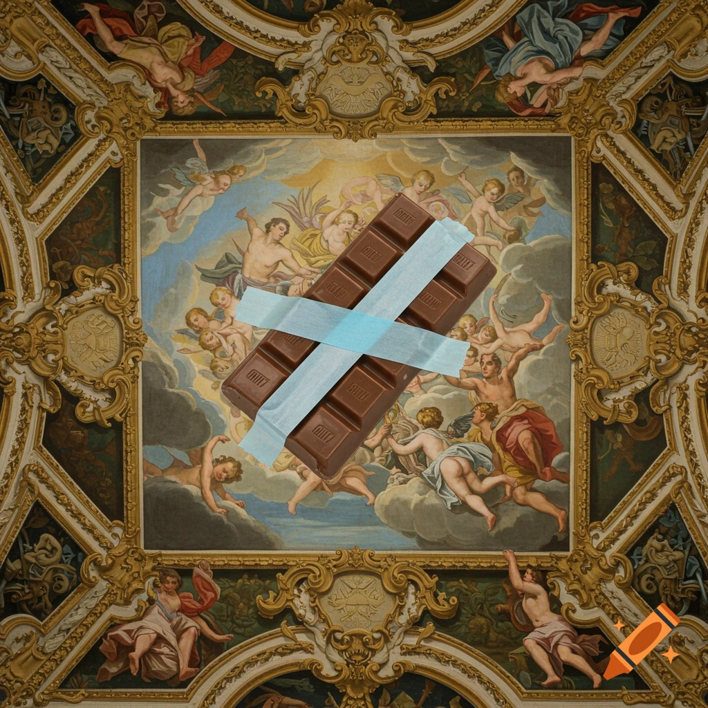 A chocolate bar with blue tape over a Baroque ceiling painting.