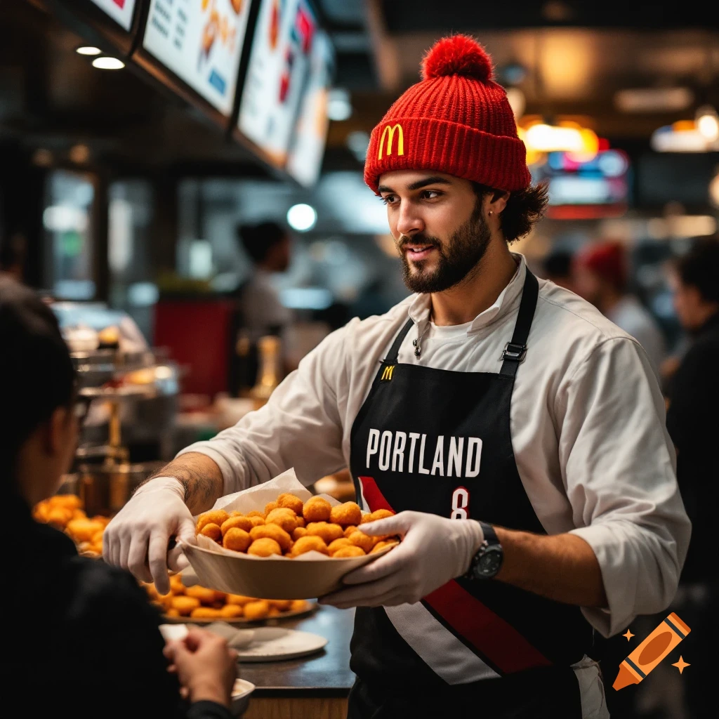 Person in McDonald's hat and 'Portland' apron serving food at a restaurant.