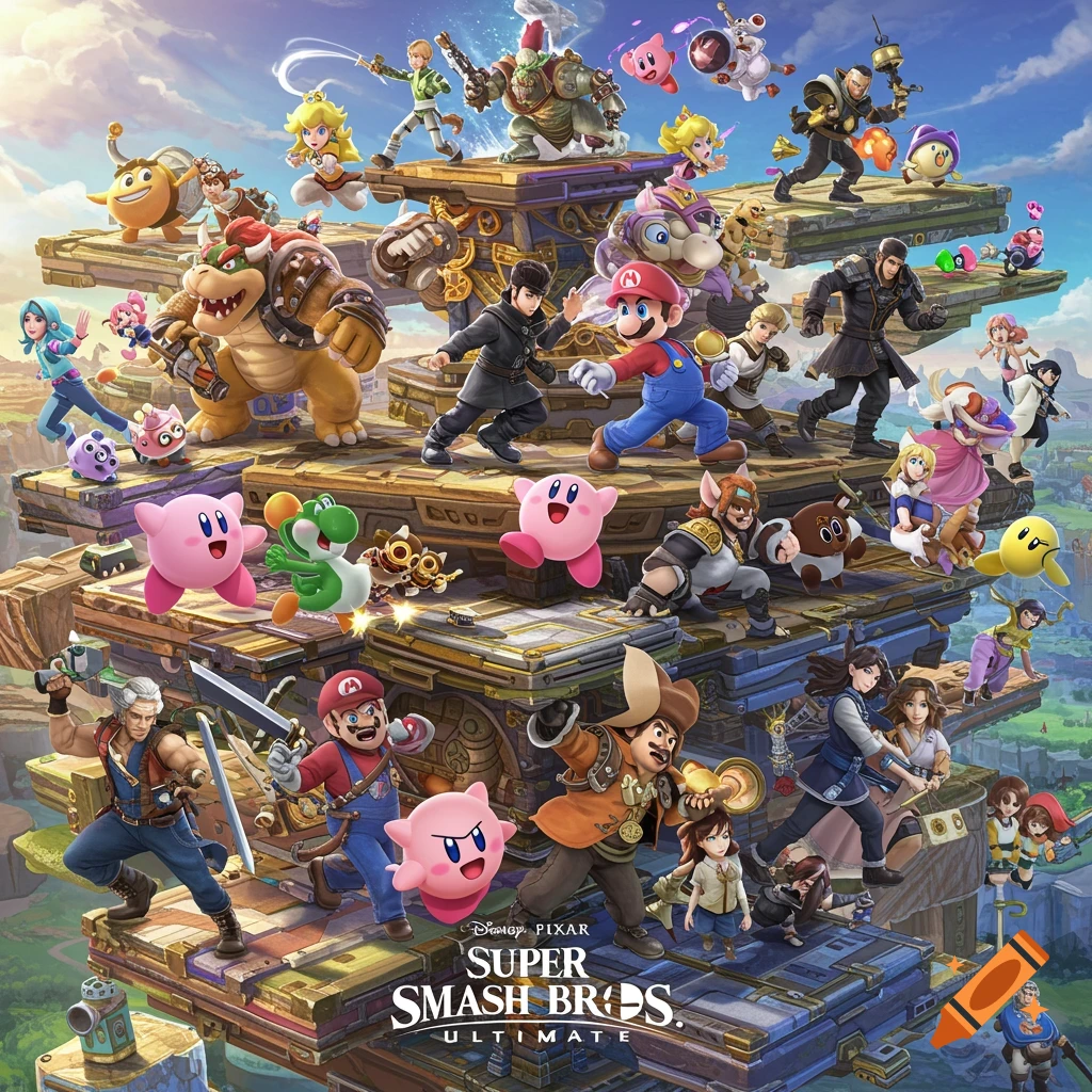 Many colorful video game characters fighting on a tiered stage in a Pixar movie poster style.