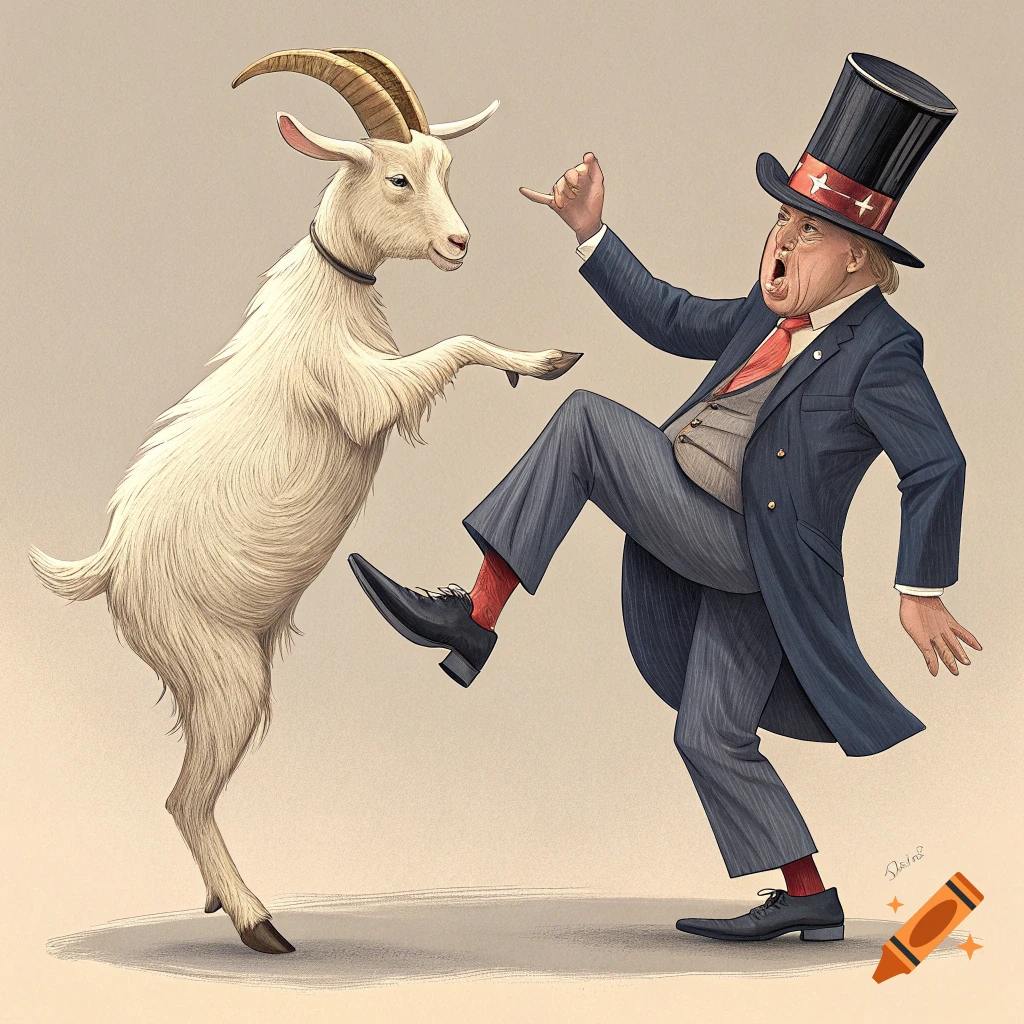 Illustration of a goat kicking a man in a suit and top hat.