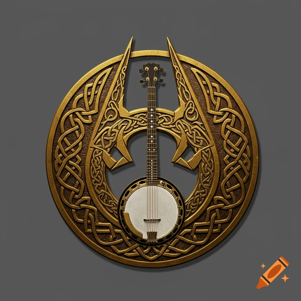 Banjo inside a golden, ornate, winged circle emblem