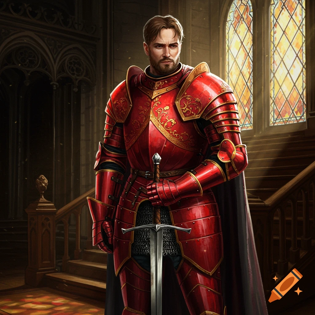 A knight in red and gold plate armor stands in a castle hall, holding a sword.
