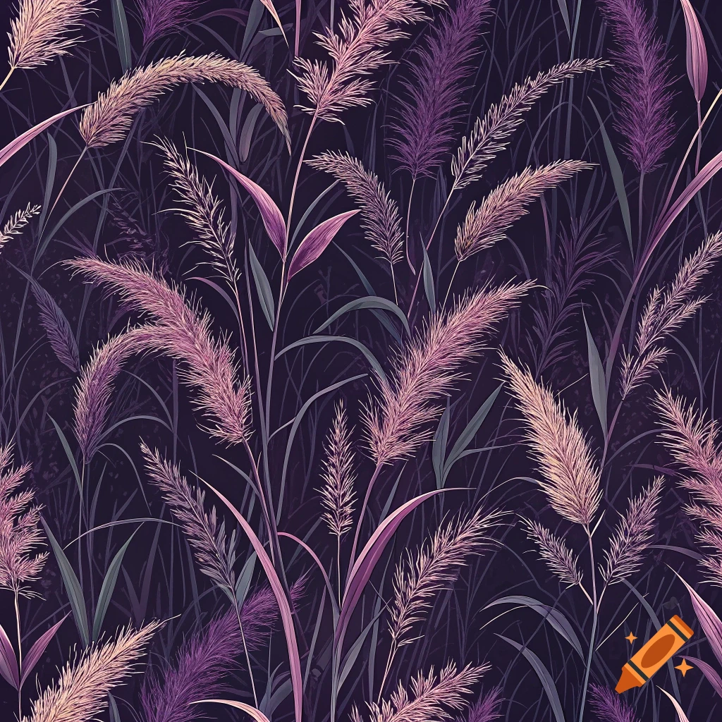Seamless pattern of tall grass in purple and pink tones on a dark background