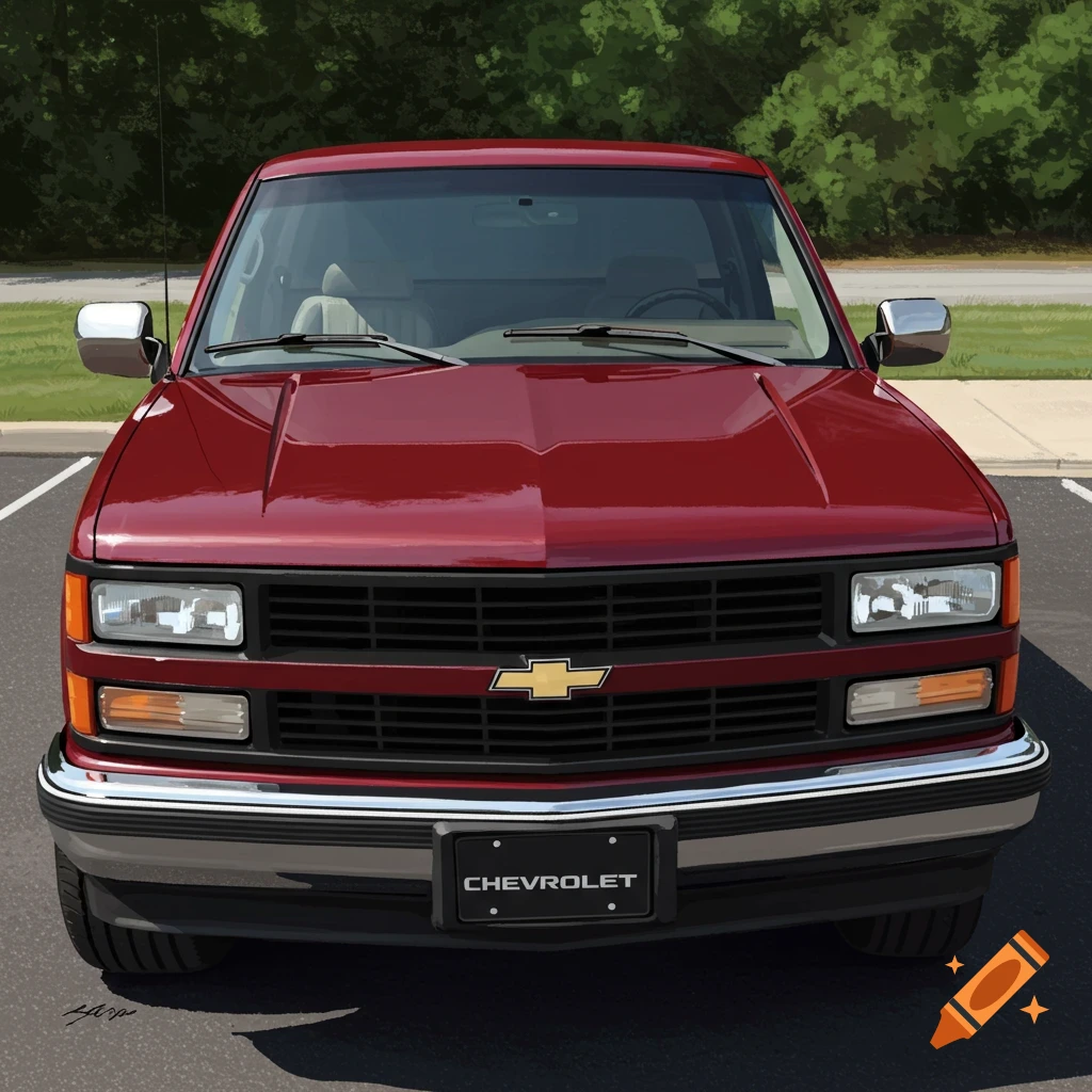A front view of a burgundy 1990 Chevrolet Silverado pickup truck parked in a lot.