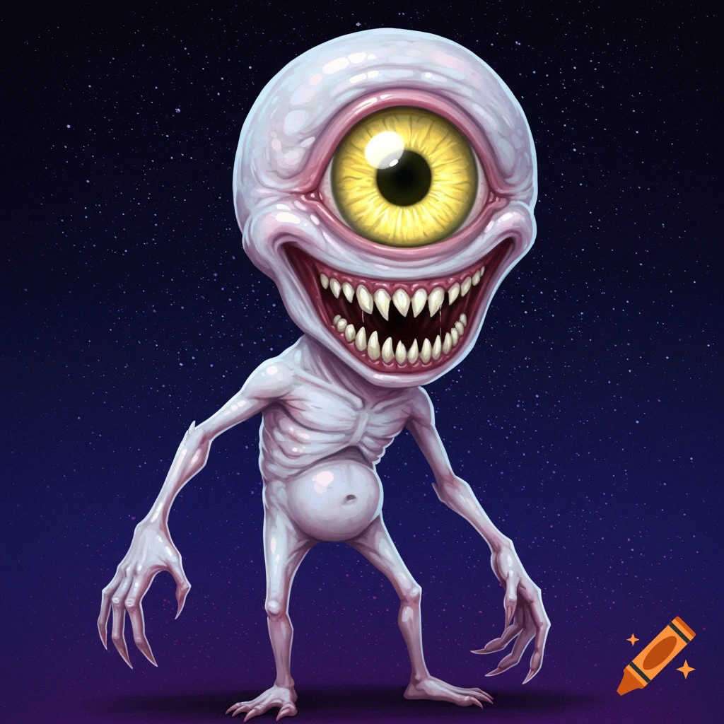 A pale, one-eyed alien creature with sharp teeth against a starry background.