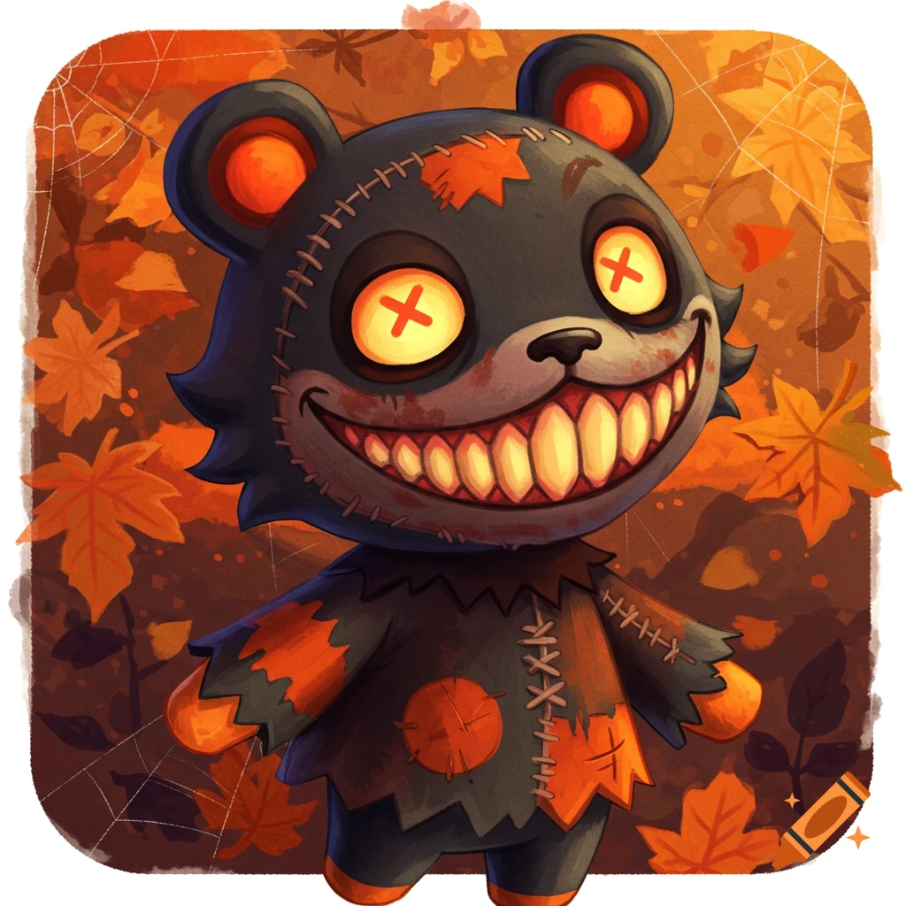 A spooky stitched teddy bear character with large teeth and X eyes, surrounded by autumn leaves and cobwebs.