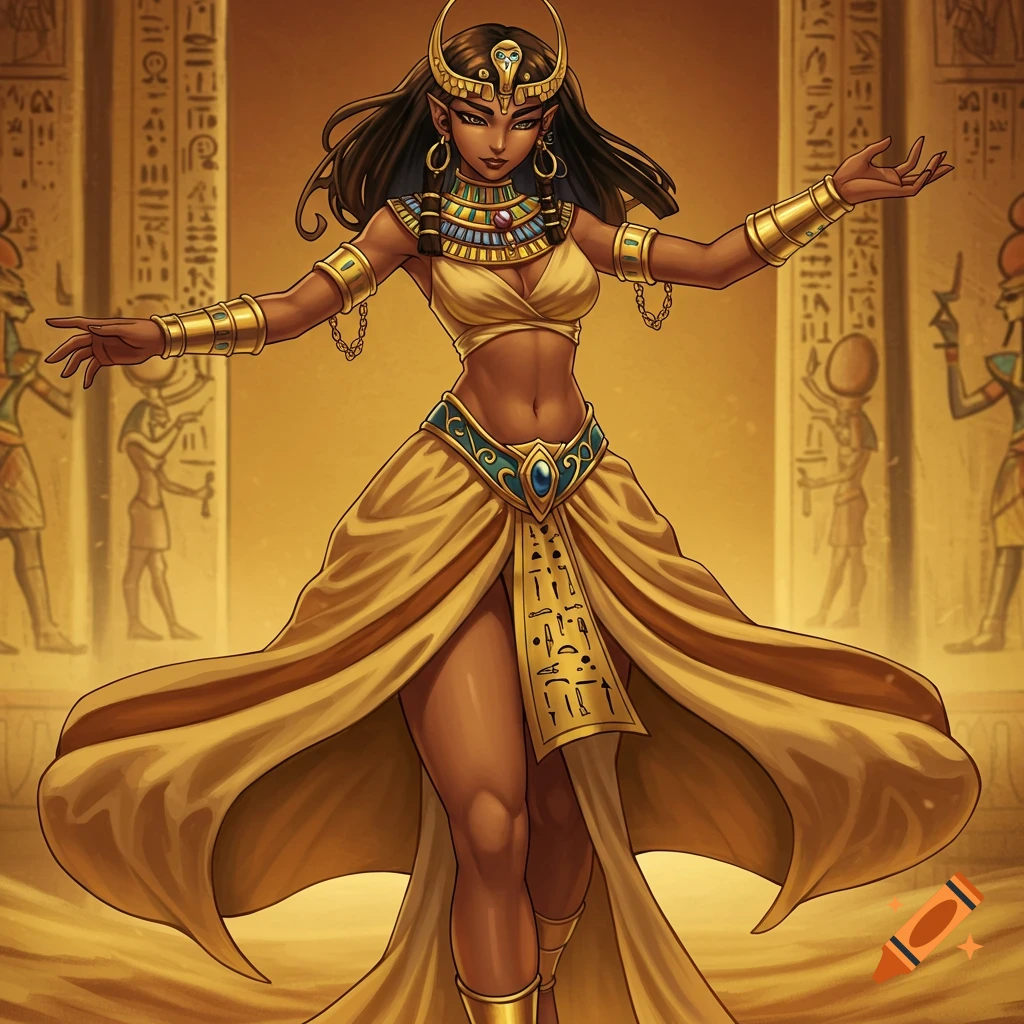 A woman in an ancient Egyptian outfit standing in a temple